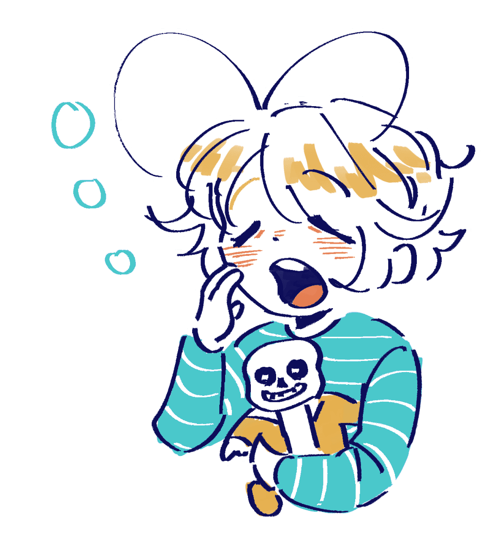 Goki yawns while holding a Sans plushie.